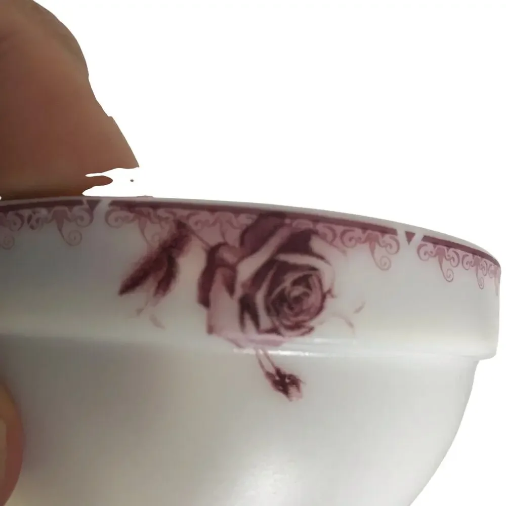 Krystallo Set of 2 Small White Milk Glass Bowls With Red Rose Accent Bands